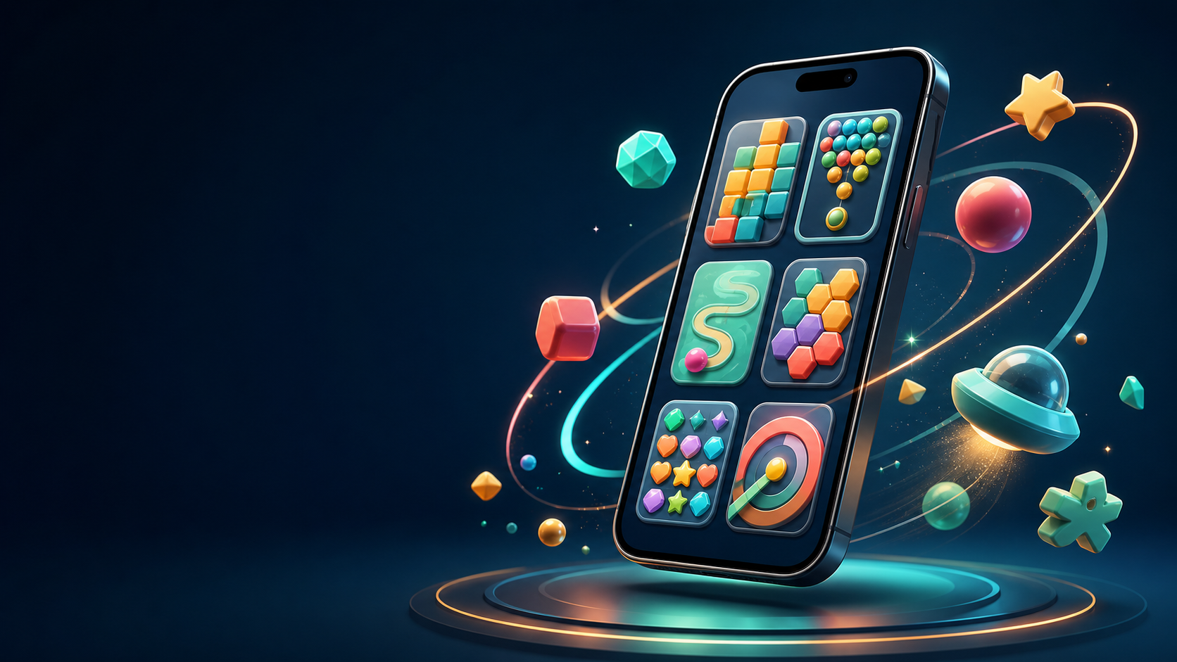 Colorful mobile game artwork with a smartphone and orbiting game pieces